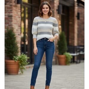 Tahari Women's Sweater Pastel Striped Bubble Cuff Sleeves Gray Pink Sz Medium